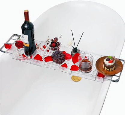 IEEK Expandable Bath Tray with Wine and Book Holder - Clear Acrylic Bathtub Caddy Shelf - Plastic Board Gift for Women