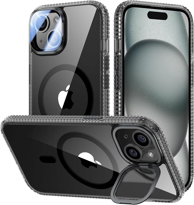 [Upgraded] for iPhone 15 Case with Camera Cover Stand [Fit for MagSafe][9H Camera Lens Protector] Mil-Grade Protection Transparent Magnetic iPhone 15 Phone Case, Clear Black
