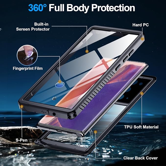 MOZOTER for Samsung Galaxy Note 20 Case Waterproof,[IPX8 Underwater Case][Full Body Shockproof & Military Dropproof] Clear Sound Quality Built-in Screen Protector for Samsung Note 20 6.7 inch-Black