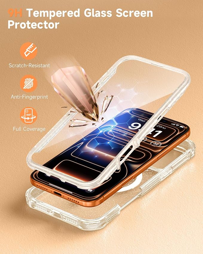 seacosmo Magnetic for iPhone 17 Pro Max Case for Women, Girly, Men, Full Body with Built-in Screen and Camera Lens Protector, Anti-Yellowing, Shockproof Cute Phone Case, 6.9", Clear Glitter