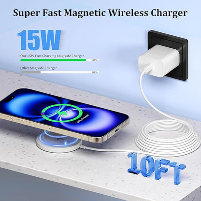 10FT Wireless Charger,[Apple MFi Certified] Magnetic iPhone Charger, 2Pack Fast Mag-Safe Charging iPhone Wireless Charger, Long Pad for iPhone 17 Pro Max/Air/17e/16e/16Pro/15/14/13/12/AirPods4/3/Pro3