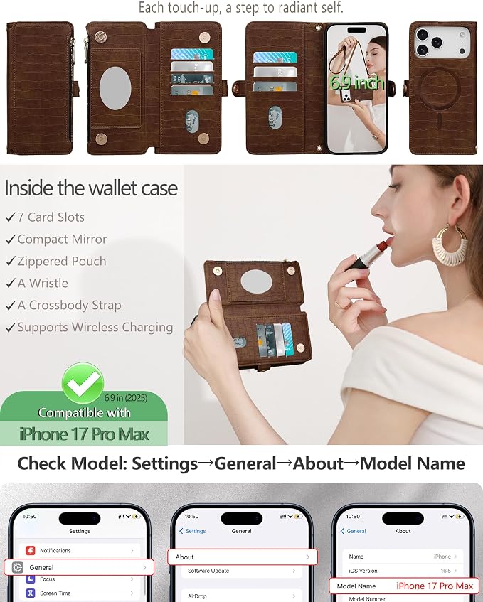 Crossbody Wallet Case for iPhone 17 Pro Max with Mirror, Wrist Strap, Zipper Purse Magnetic Flip, RFID Blocking Card Holder, Wireless Charging, PU Leather Shockproof 6.9" Women (Brown)