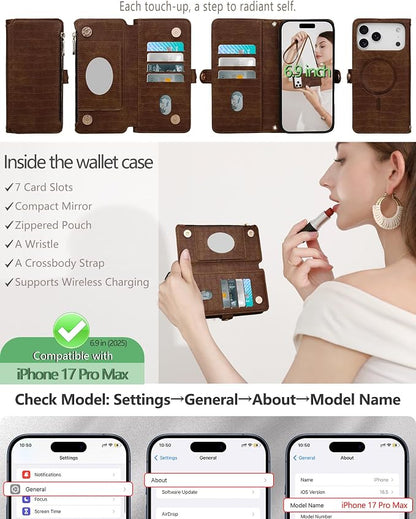 Crossbody Wallet Case for iPhone 17 Pro Max with Mirror, Wrist Strap, Zipper Purse Magnetic Flip, RFID Blocking Card Holder, Wireless Charging, PU Leather Shockproof 6.9" Women (Brown)