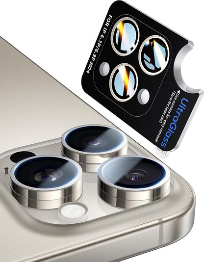 UltraGlass UNBREAK TOP 9H+ Glass for iPhone 15 Pro Max/15 Pro Lens Protector [Military Grade Shatterproof & Longest Durable] Camera Lens Protector Tempered Glass, Natural Titanium