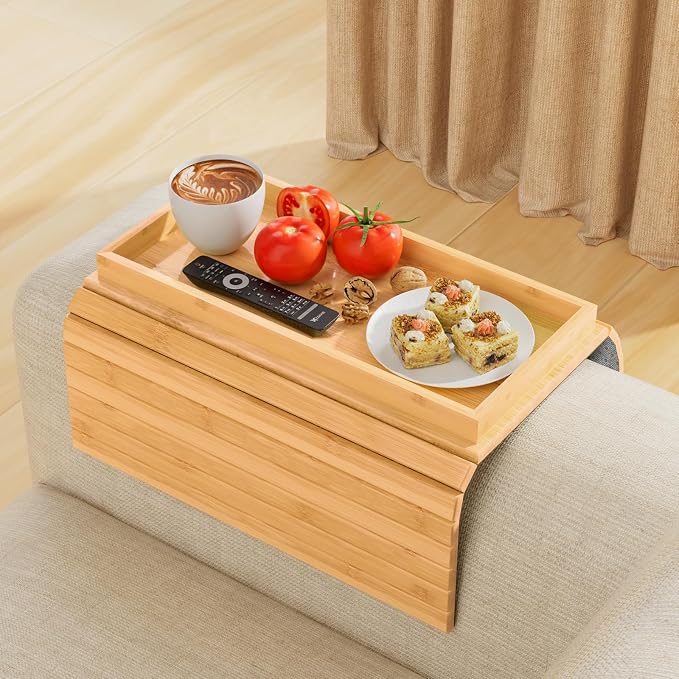Couch Arm Tray,Sofa Arm Tray Bamboo Sofa Tray Table for Couch,Anti-Slip Arm Table Clip On Tray Sofa Table,Foldable Sofa Armrest Tray Couch Cup Holder for Snacks,Phone,Remote,Cups