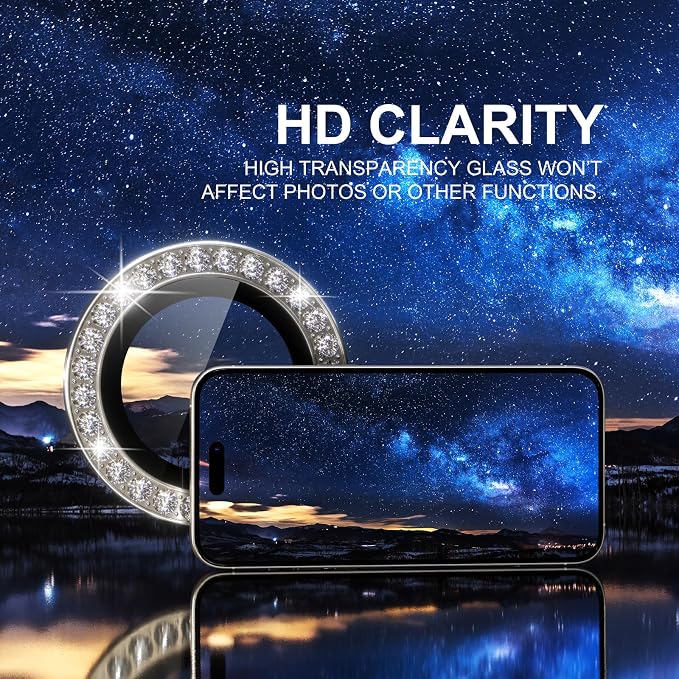 Choiche Compatible for iPhone 15 Pro/iPhone 15 Pro Max Camera Lens Protector Bling, 9H Tempered Glass Camera Cover Screen Protector Metal Ring Decoration Accessories (Diamond-Titanium Gray)