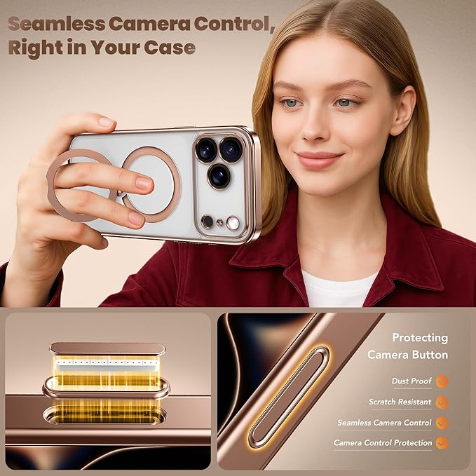 GolbinBox for iPhone 17 Pro Max Case with 360° Spin Magnetic Stand,[Compatible with Magsafe] [Military Protection][Built-in Ring Holder] Camera Control Phone Case for 17 Pro Max,Rose Gold/Clear