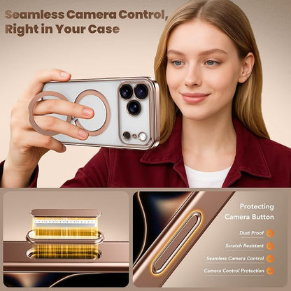 GolbinBox for iPhone 17 Pro Case with 360° Spin Magnetic Stand,[Compatible with Magsafe] [Military Protection][Built-in Ring Holder] Camera Control Phone Case for 17 Pro,Rose Gold/Clear