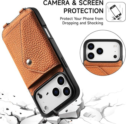 LUCKYCOIN for iPhone 17 Pro Max Crossbody Wallet Case – Genuine Leather Phone Purse with Adjustable Strap and Card Holder,Lanyard Phone Purse Case for Women,Pebble Grain Brown