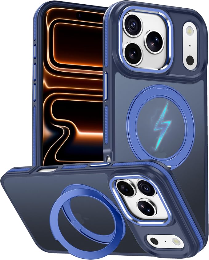 for iPhone 17 Pro Max Case with 360 Magnetic Ring Stand, Fit MagSafe, Military-Grade Shockproof Protection, Non-Slip Slim Translucent Protective Phone Cover, Blue