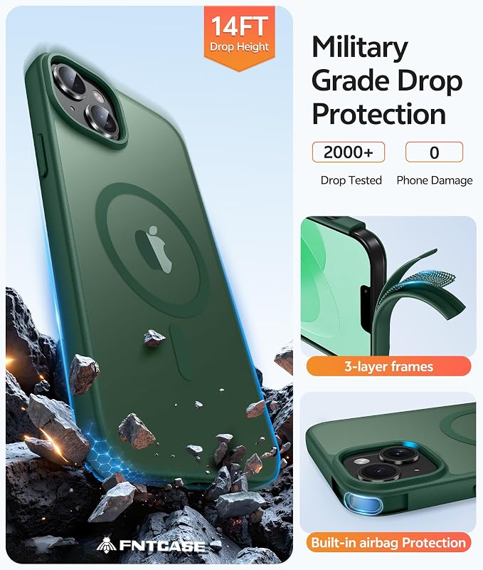 FNTCASE for iPhone 14 Plus Case: for iPhone 15 Plus Magnetic Matte Textured Military Grade Drop Protection Translucent Cell Phone Cover - Slim Shockproof Protective Bumper Phonecase
