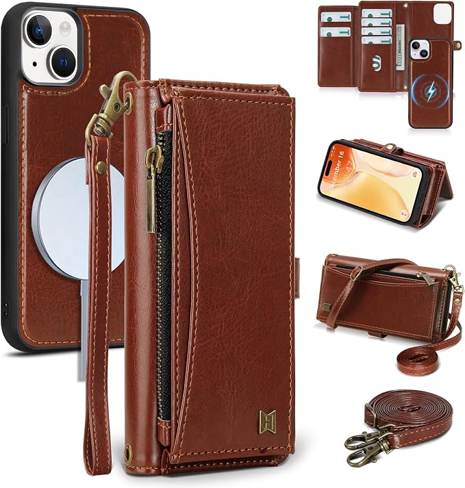 Wallet Case for iPhone 15 with Card Holder/Crossbody Wallet/Strap| RFID Blocking | Magnetic | Kickstand | Detachable | PU Leather Phone Case for iPhone 15,6.1 in,Brown