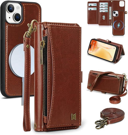 Wallet Case for iPhone 15 with Card Holder/Crossbody Wallet/Strap| RFID Blocking | Magnetic | Kickstand | Detachable | PU Leather Phone Case for iPhone 15,6.1 in,Brown