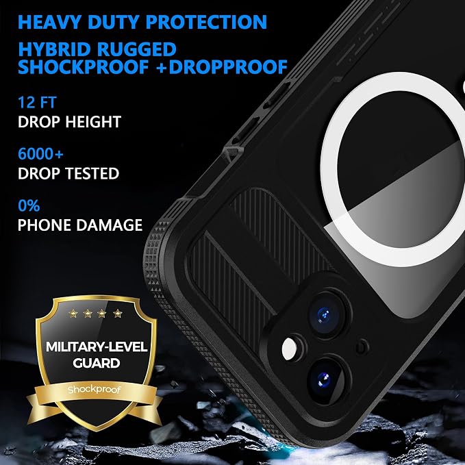 for iPhone 15 Plus 5G Waterproof Case,Compatible with Magsafe,Hybrid Rugged Shockproof Full Body Protective,with Lanyard,Clear Lens/Screen Protector Cover for iPhone 15 Plus 6.7 inch 2023,Black