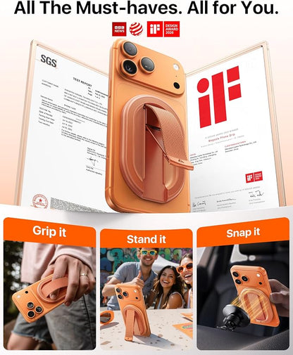 andobil [2026 All-New] Magnetic Phone Grip for Magsafe with Finger Strap [Comfortable & Durable] Magnetic Phone Ring Holder for MagSafe Accessories & iPhone 17 Air 16 Pro Max Plus 15 14 13 12, Orange