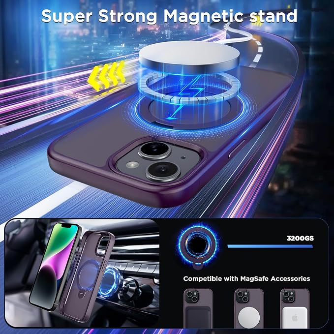 CACOE Magnetic Case for iPhone 13/14 6.1 inch with 360 Rotatable Ring Stand, Compatible with MagSafe Car Phone Mount, Cases Cover Phone Holder for Desk Meeting/Videos Dark Purple