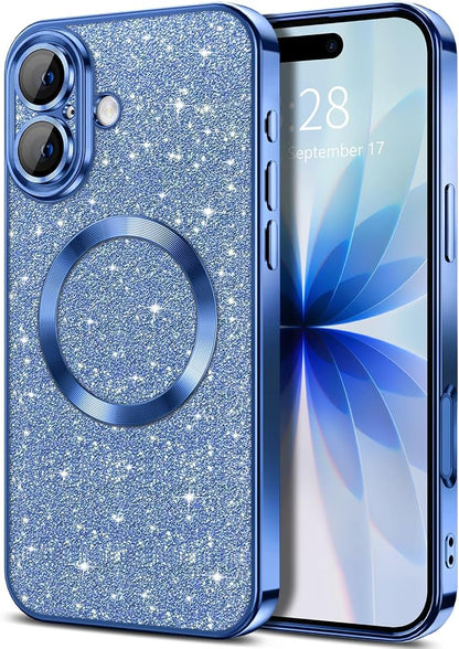 Hython for iPhone 17 Case Glitter Clear Magnetic Phone Cases [Compatible with MagSafe] Full Camera Lens Protector Sparkle Luxury Plating Slim Shockproof Protective Cover Women, Deep Blue