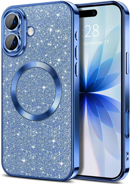 Hython for iPhone 17 Case Glitter Clear Magnetic Phone Cases [Compatible with MagSafe] Full Camera Lens Protector Sparkle Luxury Plating Slim Shockproof Protective Cover Women, Deep Blue