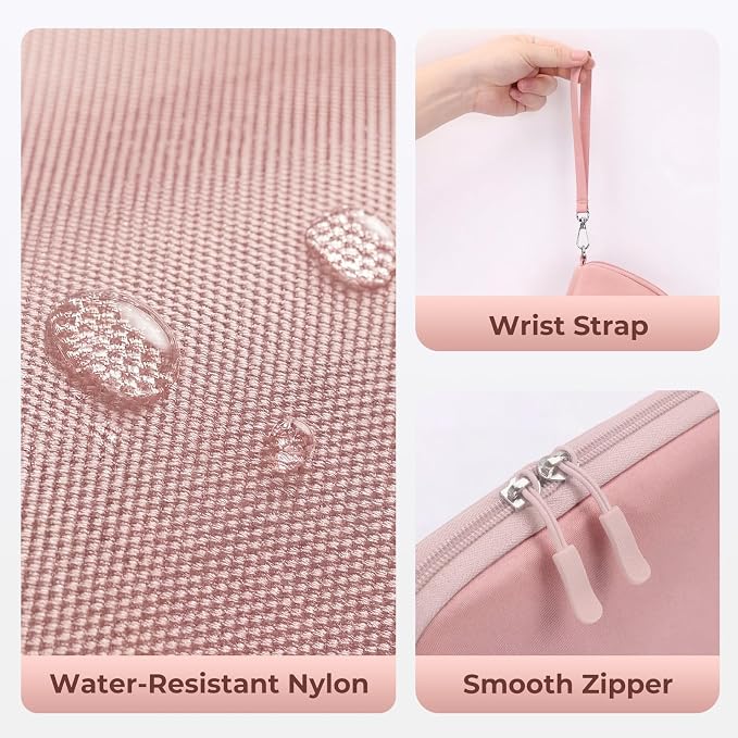 FYY Travel Cable Organizer - 8 Compartments, Lightweight, Water Repellent | With Wrist Strap, Portable Tech Pouch for Cord Charger, Travel and Business Trips Use, Soft Shell Nylon, Pink (Medium)