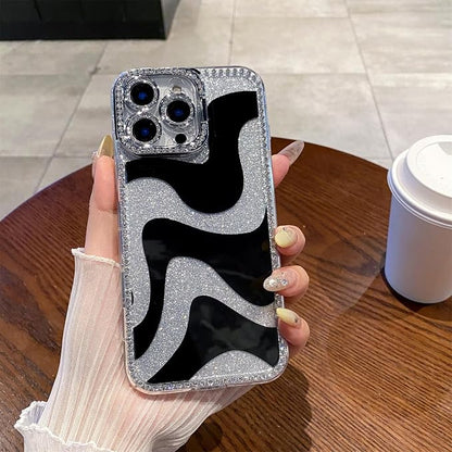 for iPhone 16 pro max Case Glitter Camera Lens Protector Phone Case for Women Girls Aesthetic Design TPU Shockproof Protective Case (Wavy)