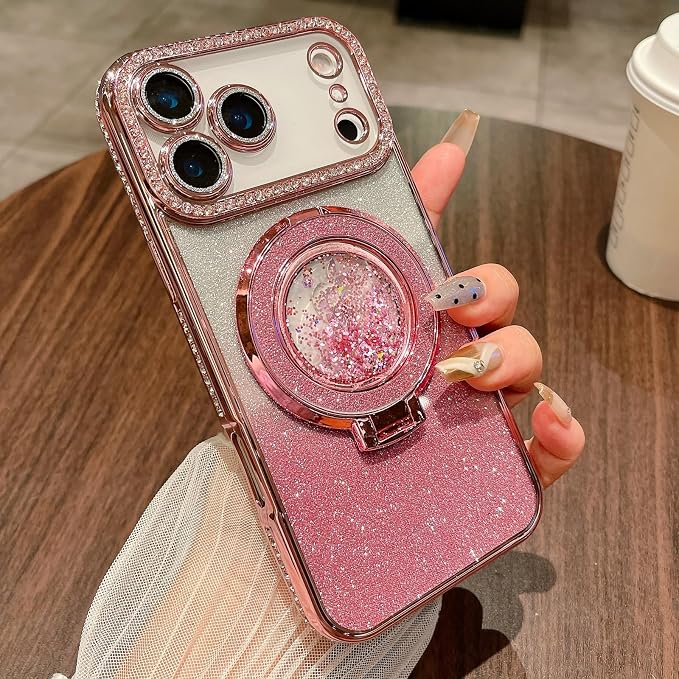 Glitter Kickstand Case for iPhone 17 Pro Max,Cute Bling Sparkly Diamond Rhinestones with Camera Lens Protector Liquid Flowing Ring Stand TPU Bumper Women Girls Case for iPhone 17 Pro Max,Pink