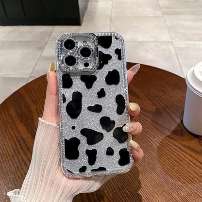 for iPhone 16 pro max Case Glitter Camera Lens Protector Phone Case for Women Girls Aesthetic Design TPU Shockproof Protective Case (Cow)