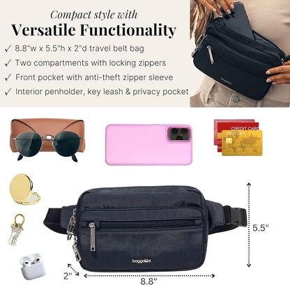Baggallini Securtex Anti-theft Belt Bag 8.8"x5.5" Crossbody Fanny Pack for Women RFID Wallet Locking Zipper Travel Purse