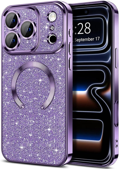 Hython for iPhone 17 Pro Max Case Glitter Clear Magnetic Phone Cases [Compatible with MagSafe] Full Camera Lens Protector Sparkle Luxury Plating Slim Shockproof Protective Cover Women, Purple