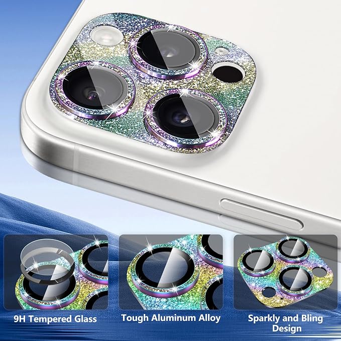 Camera Lens Protector for iPhone 16 Pro/iPhone 16 Pro Max, Glitter Camera Cover with 9H Tempered Glass Metal Ring, Lens Protector for iPhone 16 Pro / 16 Pro Max (Glitter - Colorful)