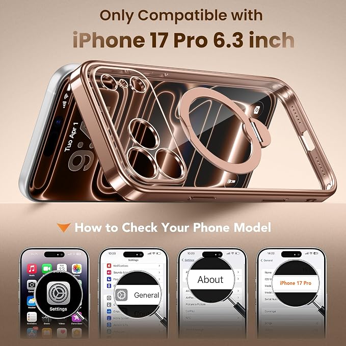 GolbinBox for iPhone 17 Pro Case with 360° Spin Magnetic Stand,[Compatible with Magsafe] [Military Protection][Built-in Ring Holder] Camera Control Phone Case for 17 Pro,Rose Gold/Clear