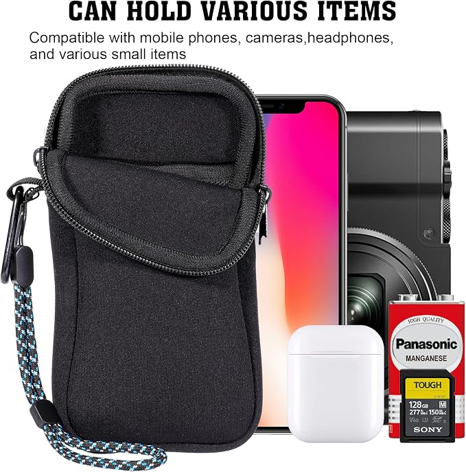 Pwsap Phone Sock, Universal Shock & Impact Resistant Neoprene Pouch with Carabiner and Lanyard Strap Sleeve Case for Hiking & Travelling Phone Bag Fits Phones up to 7 Inches, Black, M