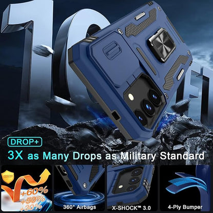 DEERLAMN Case for Samsung Galaxy S25 FE 6.7-Inch with Slide Camera Cover+Screen Protector(1 Pack), Rotated Ring Kickstand Military Grade Shockproof Protective Cover-Navy Blue