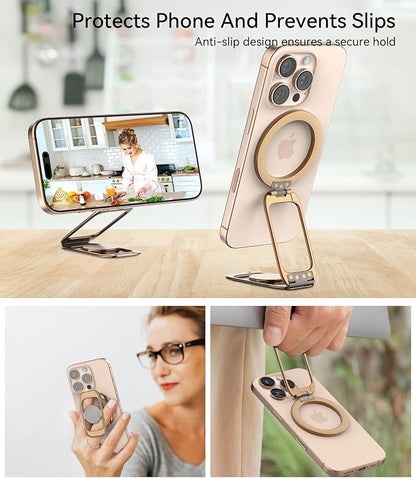 Magnetic Phone Ring Holder for MagSafe Phone Grip & Kickstand, Strong Dual-Sided Magnets Compatible with MagSafe Car Mount for iPhone 17/16/15/14/13/12 Pro Max and Android Phone Cases (Gold)