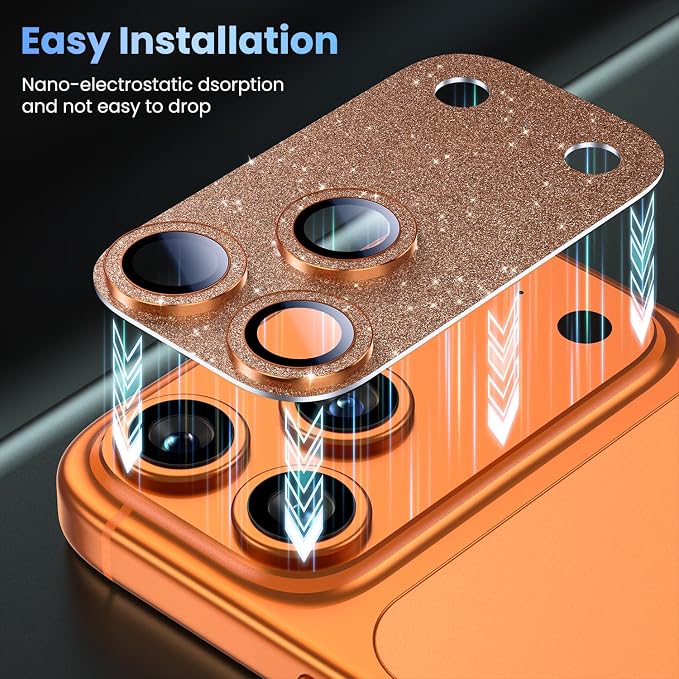 Uyiton for iPhone 17-Pro Camera-Lens Protector: Bling [Not Easy to Break][Strong Adsorption][Case-Friendly] Metal Tempered Glass Rear Camera Screen Cover - Glitter Orange