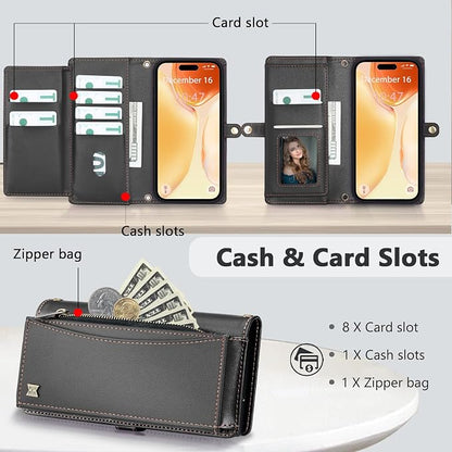 Wallet Case for iPhone 15 with Card Holder/Crossbody Wallet/Strap| RFID Blocking | Magnetic | Kickstand | Detachable | PU Leather Phone Case for iPhone 15,6.1 in,Black