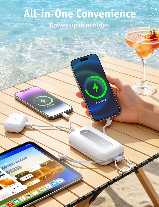 RORRY CharmGo Portable Charger 20000mAh 30W Power Bank 4 in 1 Battery Pack | Built-in Cables,Fast Charging,Keychain,Travel Essentials,Portable,for iPhone 17/16/15/14/13,for iPad Air/Pro,for AirPods