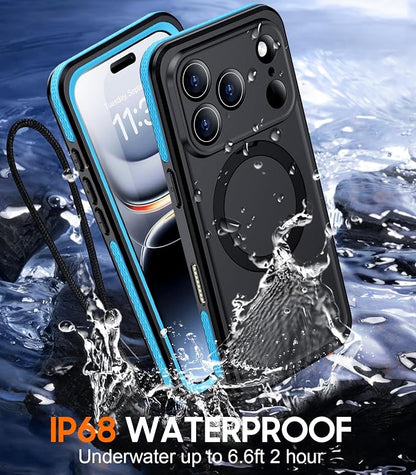 Temdan Magnetic Compatible with iPhone 17 Pro Case,Waterproof Built-in Screen & Camera Protector IP68 Underwater Full Body 17FT Military Dropproof Shockproof Phone Case 6.3"-Blue/Black