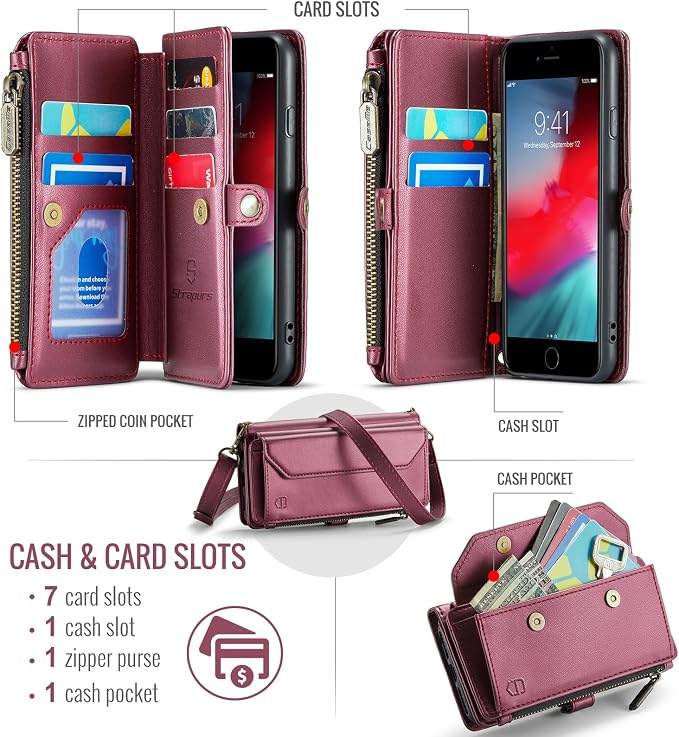 Strapurs Crossbody Wallet Case Compatible with iPhone SE/7/8 RFID Blocking 7-Card Holder Soft PU Leather Magnetic Snap Shoulder Strap Zipper Pocket Phone Cases Fit for iPhone SE 2020 2022 - Wine Red