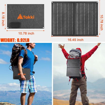 Takki 111Wh Portable Solar Generator Power Station with 21W Foldable Solar Panel, 120W Peak Solar Charger Power Bank with 110V AC DC USB Ports for Camping Emergency Outdoor Home Use