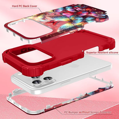 Hocase for iPhone 17 Pro Case 6.3", Heavy Duty Shockproof Protection Soft Silicone Rubber+Hard Plastic Bumpers Hybrid Protective Case for iPhone 17 Pro 2025 - Shimmering Butterflies in Red