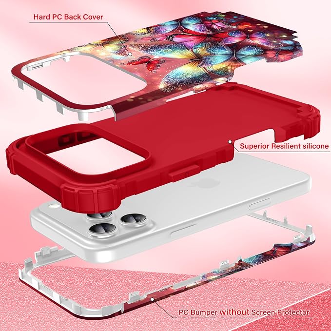 Hocase for iPhone 17 Pro Max Case, Heavy Duty Shockproof Protection Soft Silicone Rubber+Hard Plastic Bumpers Hybrid Protective Case for iPhone 17 Pro Max 2025 - Shimmering Butterflies in Red