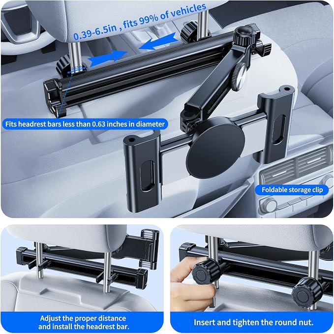 Car Tablet Headrest Holder,[3 in 1 Long Arm + Two Hook ] iPad Car Mount for Back Seat,Car Accessories Backseat Road Trip Essentials for Kids,for 4-13" Devices,iPad Pro,Air,Mini,Galaxy,Switch