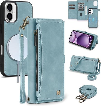Wallet Case for iPhone 16 Plus with Card Holder/Crossbody Wallet/Strap| RFID Blocking | Magnetic | Kickstand | Detachable | PU Leather Phone Case for iPhone 16 Plus,6.7 in,Blue