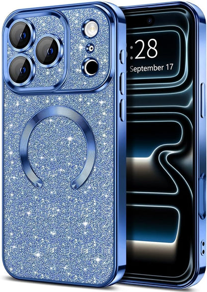Hython for iPhone 17 Pro Case Glitter Clear Magnetic Phone Cases [Compatible with MagSafe] Full Camera Lens Protector Sparkle Luxury Plating Slim Shockproof Protective Cover Women, Deep Blue