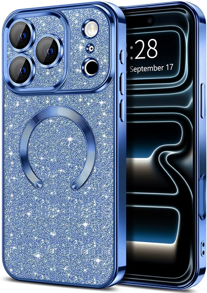 Hython for iPhone 17 Pro Max Case Glitter Clear Magnetic Phone Cases [Compatible with MagSafe] Full Camera Lens Protector Sparkle Luxury Plating Slim Shockproof Protective Cover Women, Deep Blue