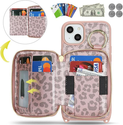 Crossbody Wallet Case for iPhone 14 Plus, PU Leather Zipper Handbag Purse Flip Cover, Kickstand Folio Case with Card Slots Holder Wrist Strap Lanyard 5G 6.7 Inch-Pink Leopard
