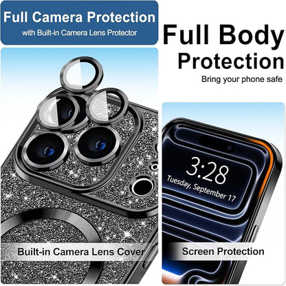 Hython for iPhone 17 Pro Case Glitter Clear Magnetic Phone Cases [Compatible with MagSafe] Full Camera Lens Protector Sparkle Luxury Plating Slim Shockproof Protective Cover Women, Black