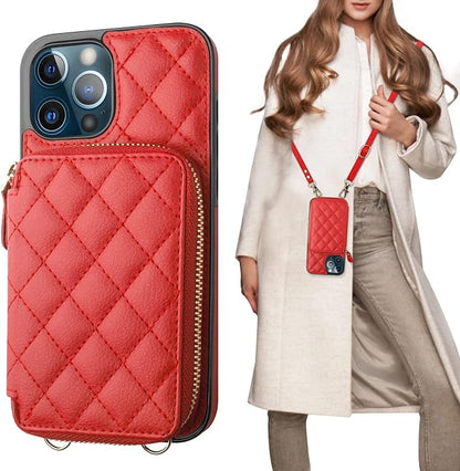 Bocasal Crossbody Wallet Case for iPhone 12 Pro Max, RFID Blocking PU Leather Zipper Handbag Purse Flip Cover, Kickstand Folio Case with Card Slots Holder Wrist Strap Lanyard 5G 6.7 Inch (Red)