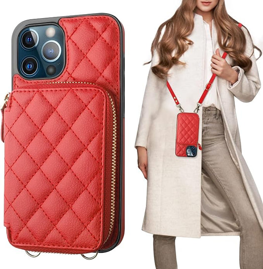 Bocasal Crossbody Wallet Case for iPhone 12 Pro Max, RFID Blocking PU Leather Zipper Handbag Purse Flip Cover, Kickstand Folio Case with Card Slots Holder Wrist Strap Lanyard 5G 6.7 Inch (Red)