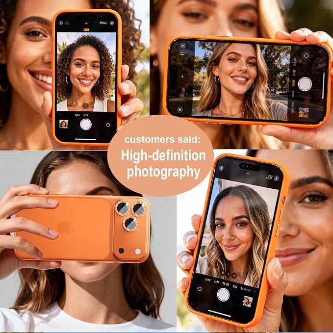 Compatible for iPhone 17/17 Pro/iPhone 17 Pro Max Camera Lens Protector Bling, Cute Sparkle Glitter Camera Cover for Women, Individual Ring, Anti-Scratch (3 Protectors + 1 Extra), Orange